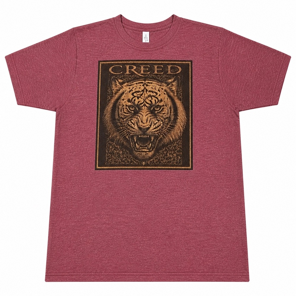 Creed Band T-Shirt Mens Heather Maroon Tiger Graphic Rock Music Tee Short Sleeve